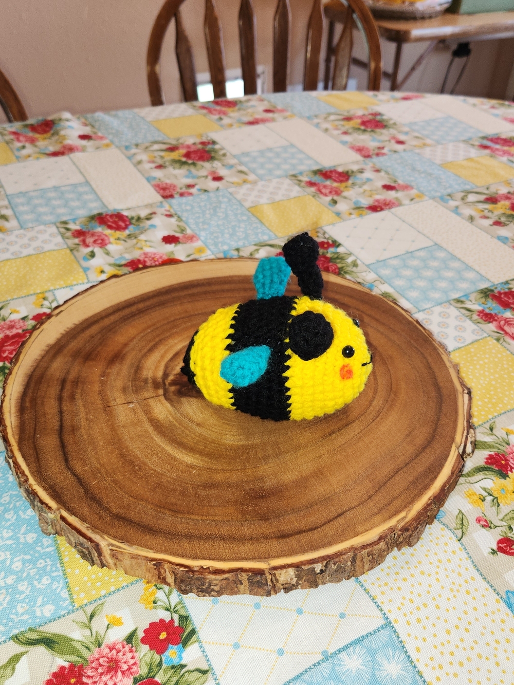 Handmade Crocheted Bumblebee Plush - Yellow & Black with Teal Wings